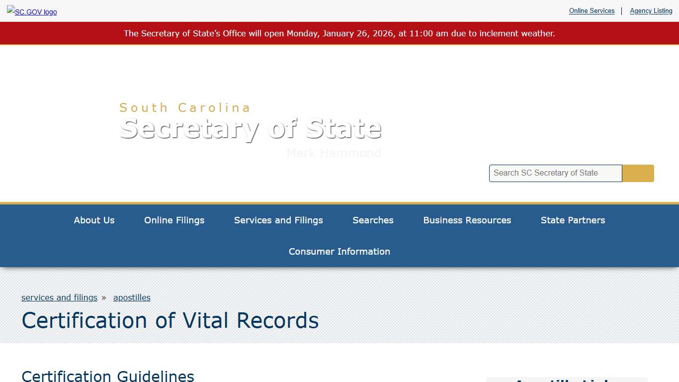 Certification of Vital Records SC Secretary of State
